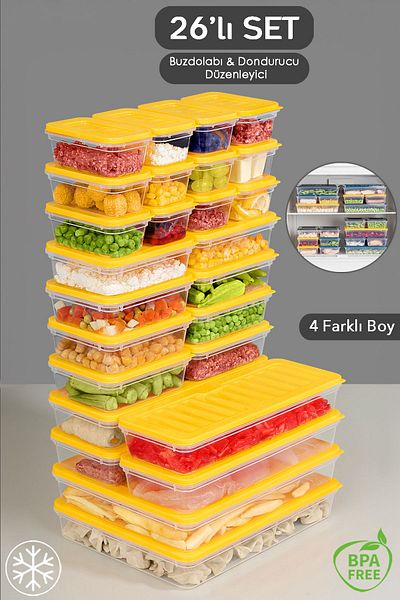 Meleni Home 26 Pieces Storage Container Suitable for Microwave and Diffraction - Yellow, 2X2400Ml 4X1170Ml 8X600Ml 12X240Ml
