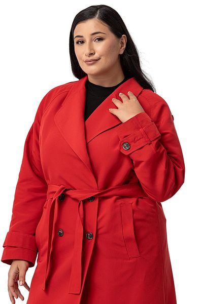 DISENTIS MODEST Red Long Trench Coat - Plus Size, Mono Collar, Double Breasted Closure and Slit Lining