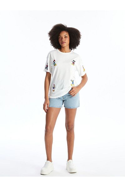 LC Waikiki LCW Mickey and Friends bedrucktes Damen-T-Shirt mit Rundhalsausschnitt – kurze Ärmel