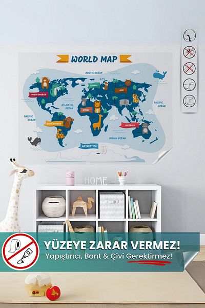Pi Papers World Map with Animals, Fun World Map for Kids, Educational Toy Kids Room Sticker