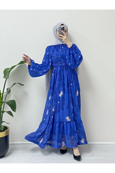 HİJABAYA Bel Ve Boyundan Büzgülü Balon Kol Astarlı Şifon Elbise