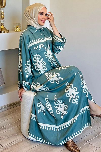 julude Viscose Hijab Dress - Mint Patterned and Buttoned