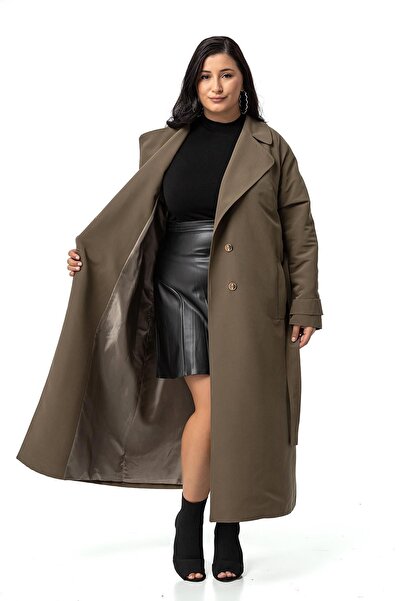 DISENTIS MODEST Khaki Long Trench Coat - Plus Size, Mono Collar, Double Breasted Closure and Slit Lining