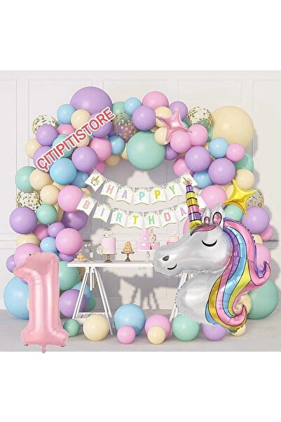 DÜVENCİ TİCARET 1 Yaş Makaron Renk Balon Unicorn Lüks Doğum Günü Parti Seti