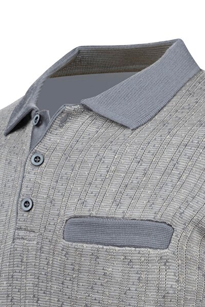 Çizgi Triko Ανδρικό πλεκτό πουλόβερ με ριγέ γιακά πόλο - Διακοσμητικά μπράτσα και λάστιχο μέσης, ατσάλινο πλεκτό - 5005F