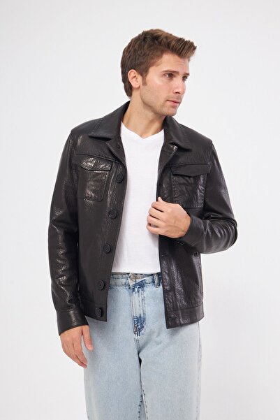 gorgitino موديل قميص رجالي من الجلد الطبيعي باللون الأسود