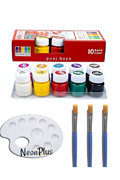 NEON PLUS Guaj Boya 10x20ml, Palet, 3 Adet Fırça