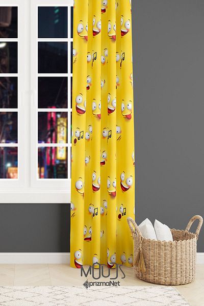 Moud's Yellow Emoji Patterned Suede Background Curtain - Youth Room Extrafor Drawstring, Digital Printed, Single Wing