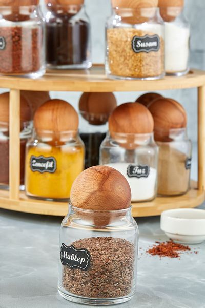 FBZhome 300 ml Storage Jar - 10-Piece Wooden Ball, Glass Spice Jar Set with Rotating Stand and Label