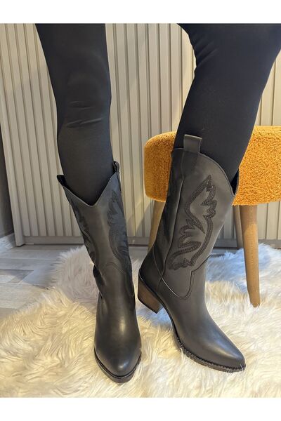 Hermones Agatha Siyah Western İşlemeli Topuklu Kadın Çizme