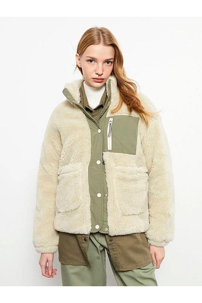 LC Waikiki Women's Plush Coat - Stand Collar, Solid Long Sleeve