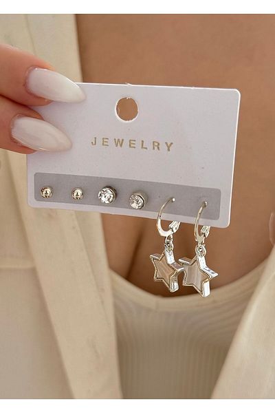 takıtarzım Silver Star Pearlescent Set of 3 Earrings