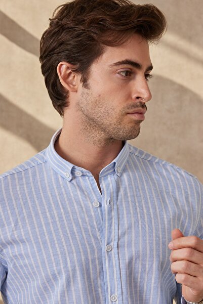RAVANELLI Cămașă modernă pentru bărbați din bumbac cu dungi slim fit - guler cu mânecă lungă, cu nasturi