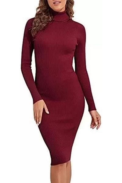 Moda Mimarisi Rochie de damă din tricotaje cu nervuri bordeaux