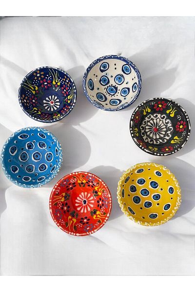 Artistic Quality Tulip Evil Eye Patterned Embroidered Ceramic Sauce Bowl - Snack Bowl - Breakfast Bowl 6 Pieces