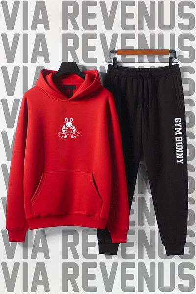 Vordevia Unisex Gym Bunny Printed - Wide Fit Soft Hooded Tracksuit Set