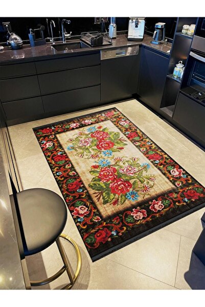 Rugs Modern Halı Karabağ Serisi Koyu Tonlarda Bordür Detaylı Bej Çiçek Desenl...