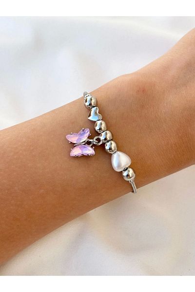 Eylülün Takısı Women's Silver Color Pink Jewelled Butterfly Charm Bracelet