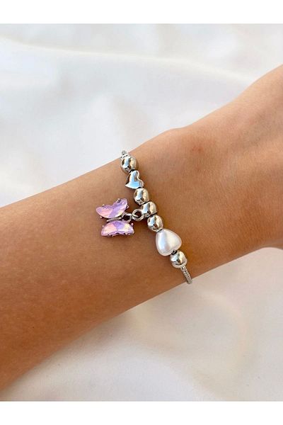 Eylülün Takısı Women's Silver Color Pink Jewelled Butterfly Charm Bracelet