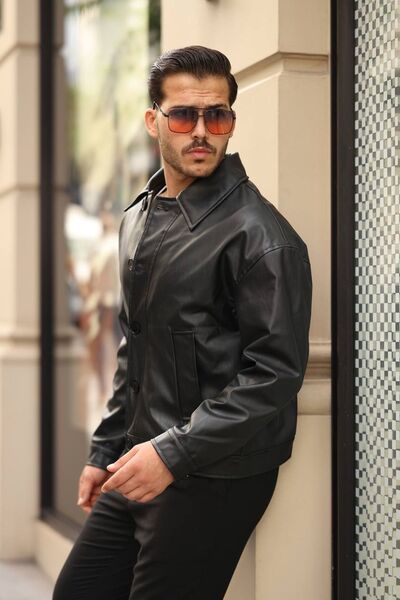 İLKCET MODA Men's Oversize Leather Jacket - Button Detailed