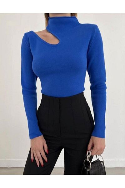 Stylish Bluză de damă Saks Blue Gât cu mânecă lungă