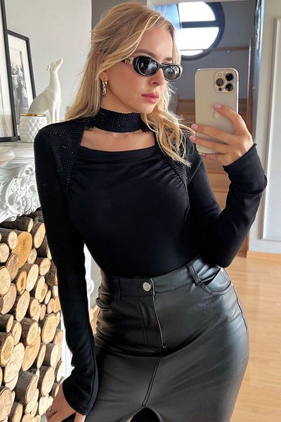 RICH GLAM Bluză de damă neagră Buzzy Crystal Stone cu mânecă lungă - Lycra și design confortabil