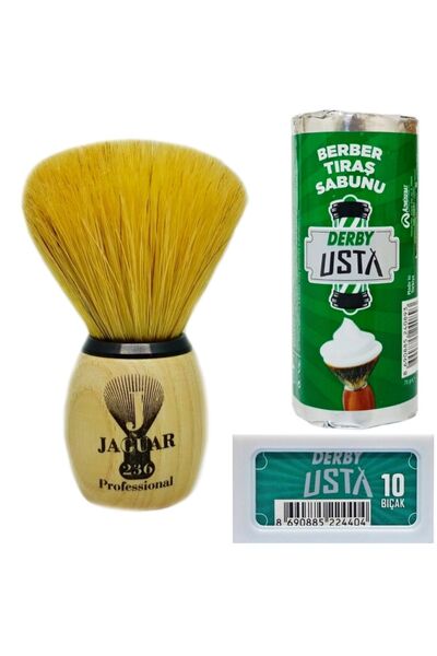 Jaguar Ahşap Saplı Doğal Kıl Tıraş Fırçası Jaguar 236, Derby Usta Tıraş Sabun...