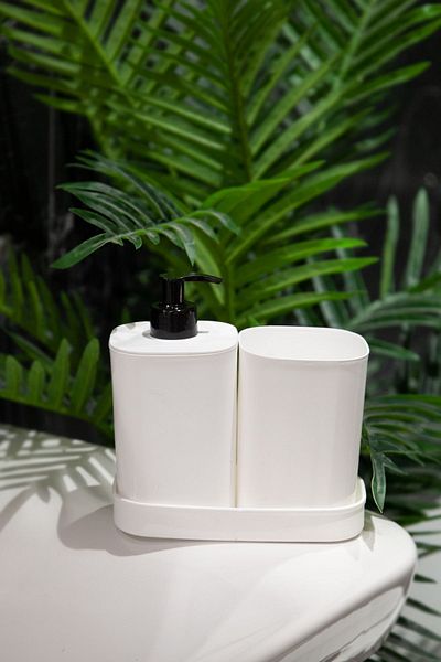 BRAMBLE LIFE Creative 3 Piece White Bathroom Set Liquid Soap Dispenser Toothbrush Holder Sponge Holder Set with Reservoir and Stand