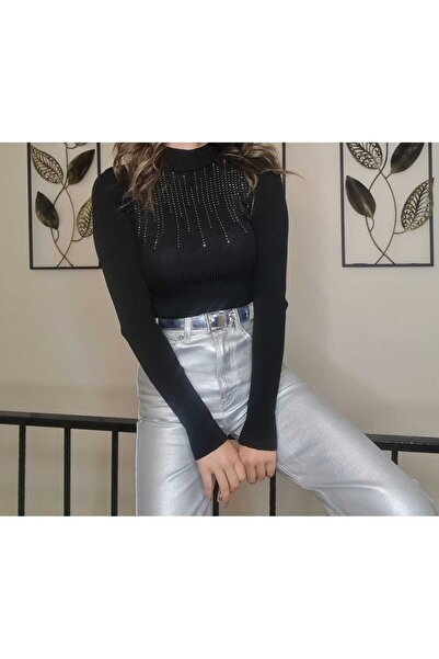 Butik Siyah Taş Detaylı Triko Kazak