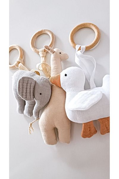 O&G Collection Elephant, Giraffe, Duck 100% Cotton Organic Multi Muslin Wooden Teether Toy / Baby Room Decor