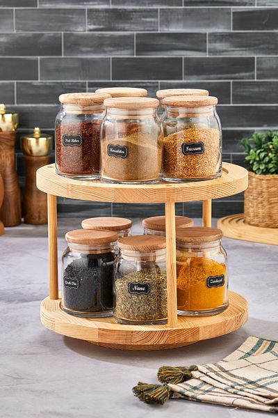 FBZhome 10-Piece Wooden Vacuum Lid with Rotating Stand Labeled Glass Spice Rack Set Storage Jar