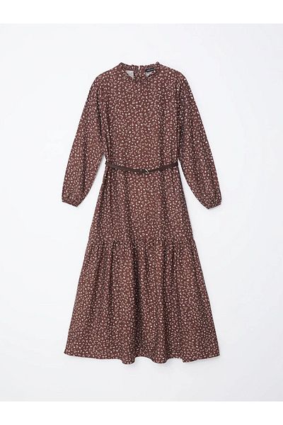 LC Waikiki Lcw Modest - Women's Brown Print Dress, Stand Collar and Belt