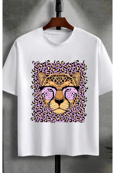 Massgai تي شيرت قطني كبير الحجم بنمط الفهد للجنسين - كم قصير