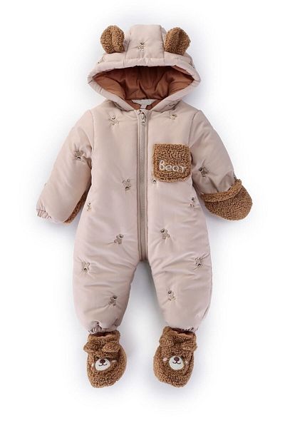 PODİUM GİYİM Trend Baby Cute Bear Figured Winter Furry Booties-Hooded Cosmonaut-Astronaut Jumpsuit with Gloves
