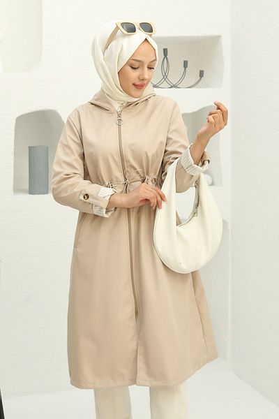 hilla line Women's - Water Repellent Hooded and Zippered Drawstring Waist Trench Coat