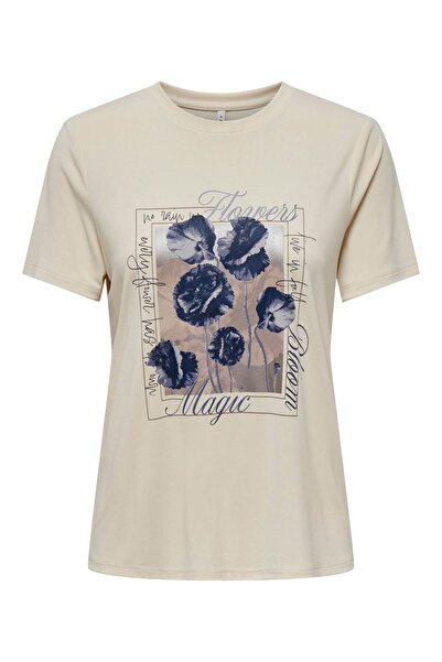 ONLY Kadın T-shirt Bej 15303212 Onlfree Lıfe Reg S/s Leaf Top Box Jrs