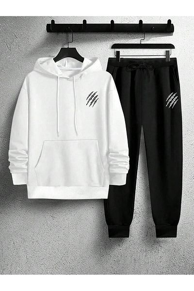 aynewmoda White Oversize Sweatshirt and Black Tracksuit - Pence Bottom Top Printed Hooded Set