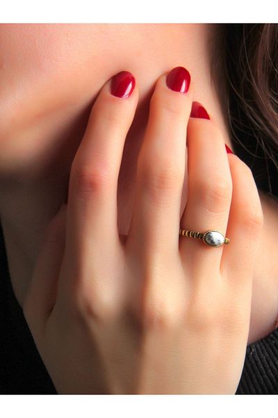 esha Natural Stone Dentirite Opal Natural Stone Antique Adjustable Women's Ring