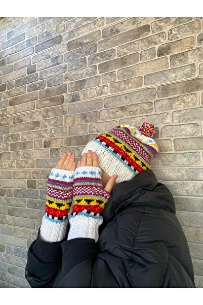 MESKSTORE El Örgüsü Şapka Eldiven Set Yumuşak&sıcak Tutan Yün Bere Eldiven