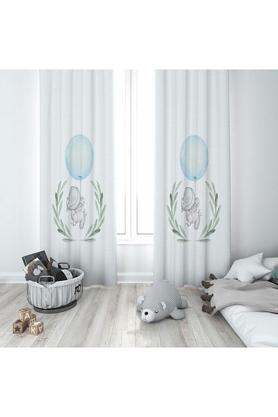 Lolla Blue World and Elephant White Background Curtain 146