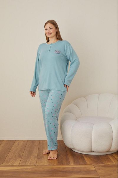 Temporium Plus Size Embroidered Women's Pajamas Set - Long Sleeve Buttoned Collar