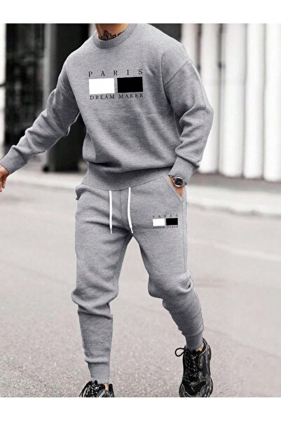 Cool Art Paris Dream Maker Sweatshirt  Jogger - Gri Baskılı Alt Üst Eşofman Takımı Bisiklet Yaka