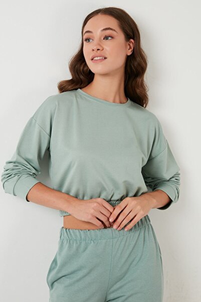 Lela Women's Green Crew Neck Elastic Waist Crop Knitted Sweatshirt 5863822