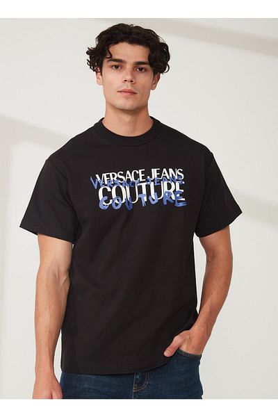 VERSACE JEANS COUTURE طاقم الرقبة تي شيرت أسود للرجال 74gahf02cj01f899