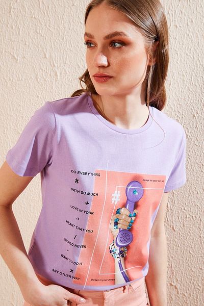 Lela Tricou din bumbac mov, cu imprimeu, cu decolteu, 6001003