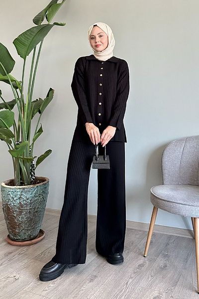 InStyle Black Corded Knitwear Set - Buttoned