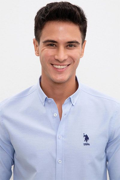 U.S. Polo Assn. Cămașă Slim Fit pentru bărbați, cu logo-ul Polo SUA, în amestec de bumbac, cu guler cu nasturi, G081GL0041829634