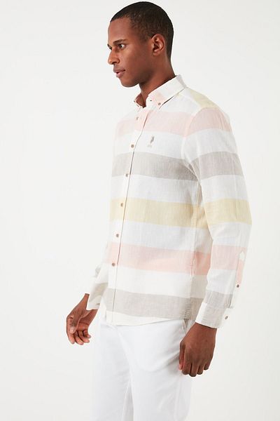 U.S. Polo Assn. ΒΑΣΗ. Ανδρικό πουκάμισο Polo ριγέ - Μίγμα βαμβακιού και λινού, κανονική εφαρμογή G081SZ 0041837589