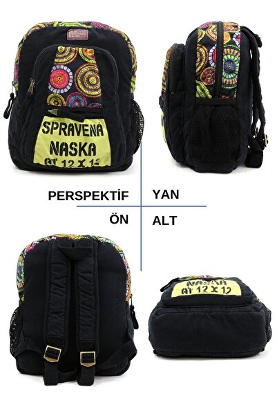 Old Cotton Cargo 5112 Elton Bag Patchwork Laptop Okul -seyahat -pamuk Kumaş Siyah Sırt Çantası