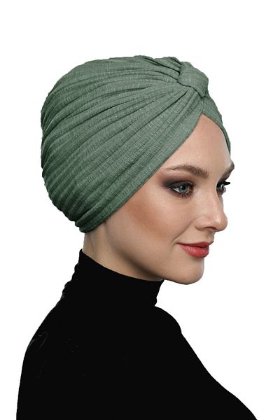 fidan bone Cotton Banded Cross Lined Pine Green Ready-Made Turban Hijab Pool Cap